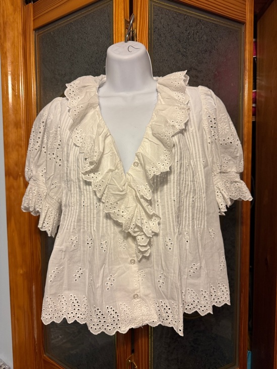 Ultra Pink Tops - Ultra Pink White Eyelet Ruffle Button-Front Blouse